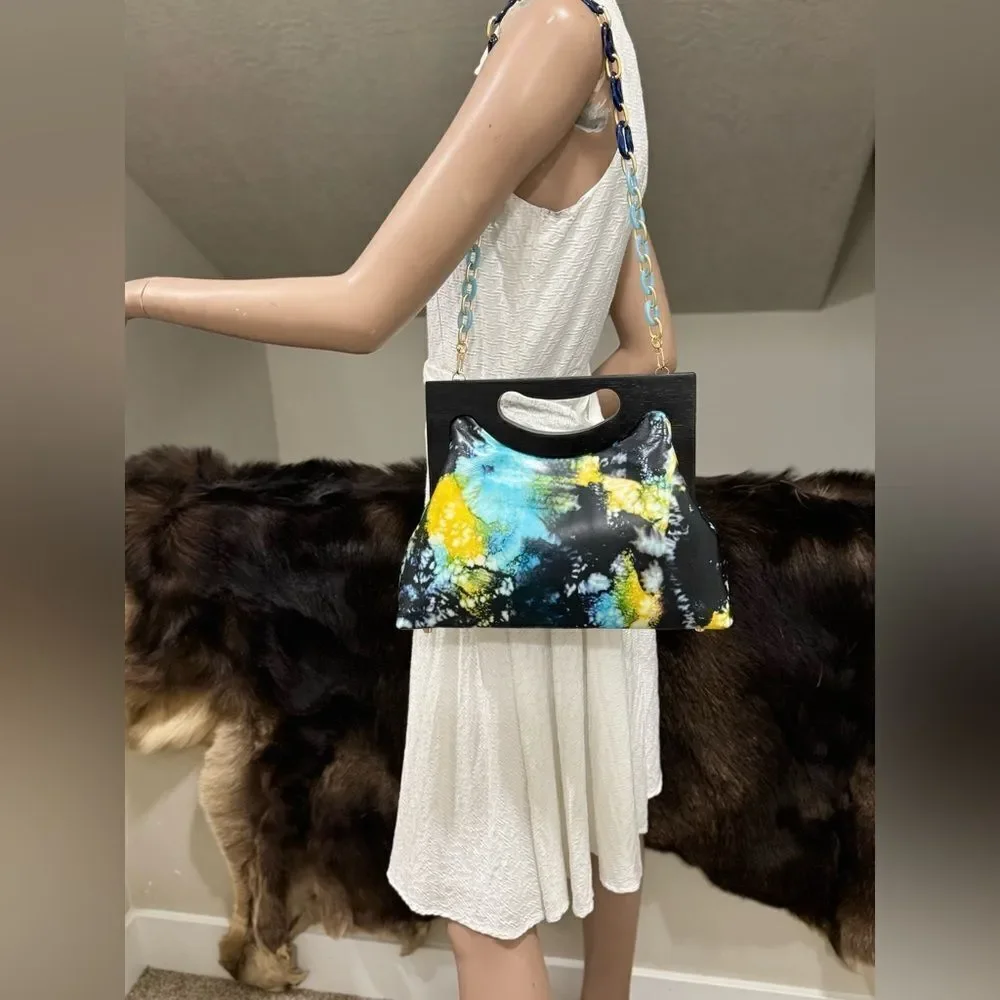 Unique Cowhide Leather Tie-dye Print Handmade Wooden Frame Top Handle Bag